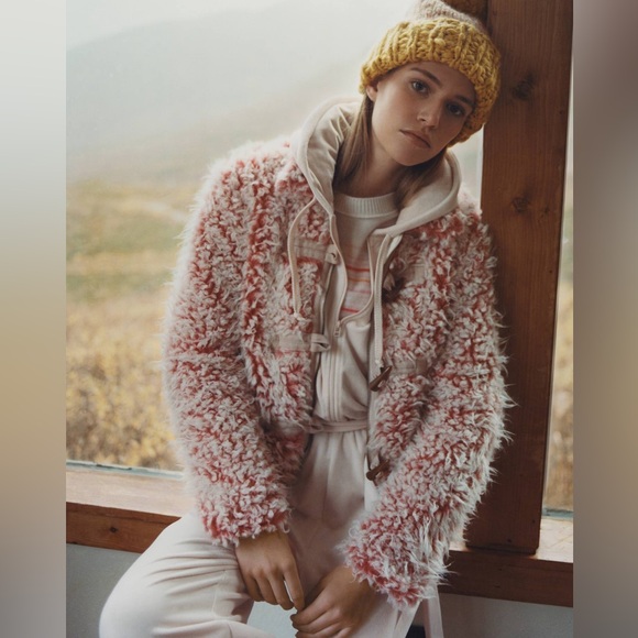 ANTHROPOLOGIE XS Brenna Faux Fur Coat in Pink • Coral Fuzzy Furry Toggle Jacket - Picture 14 of 15